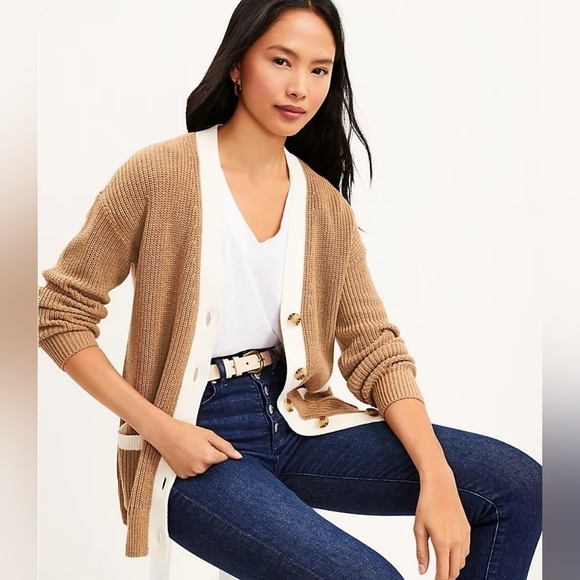 Loft #592073 Tipped Boyfriend Sweater Cardigan NWT Tan/Brown and Cream, size XS - Picture 2 of 11